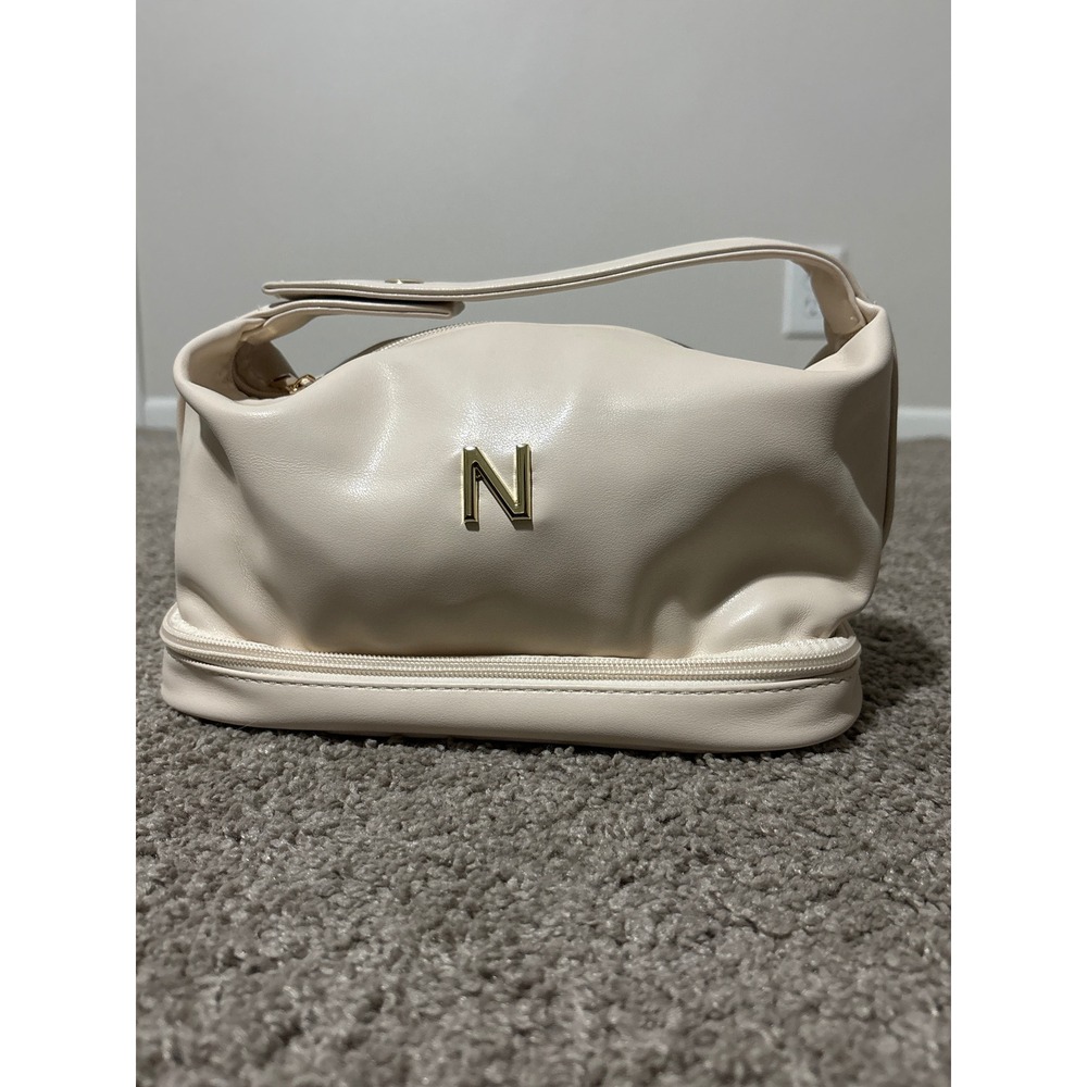 N Initial Cream synthetic Leather Cosmetic  Bag Gold Tone Hardware Makeup Case